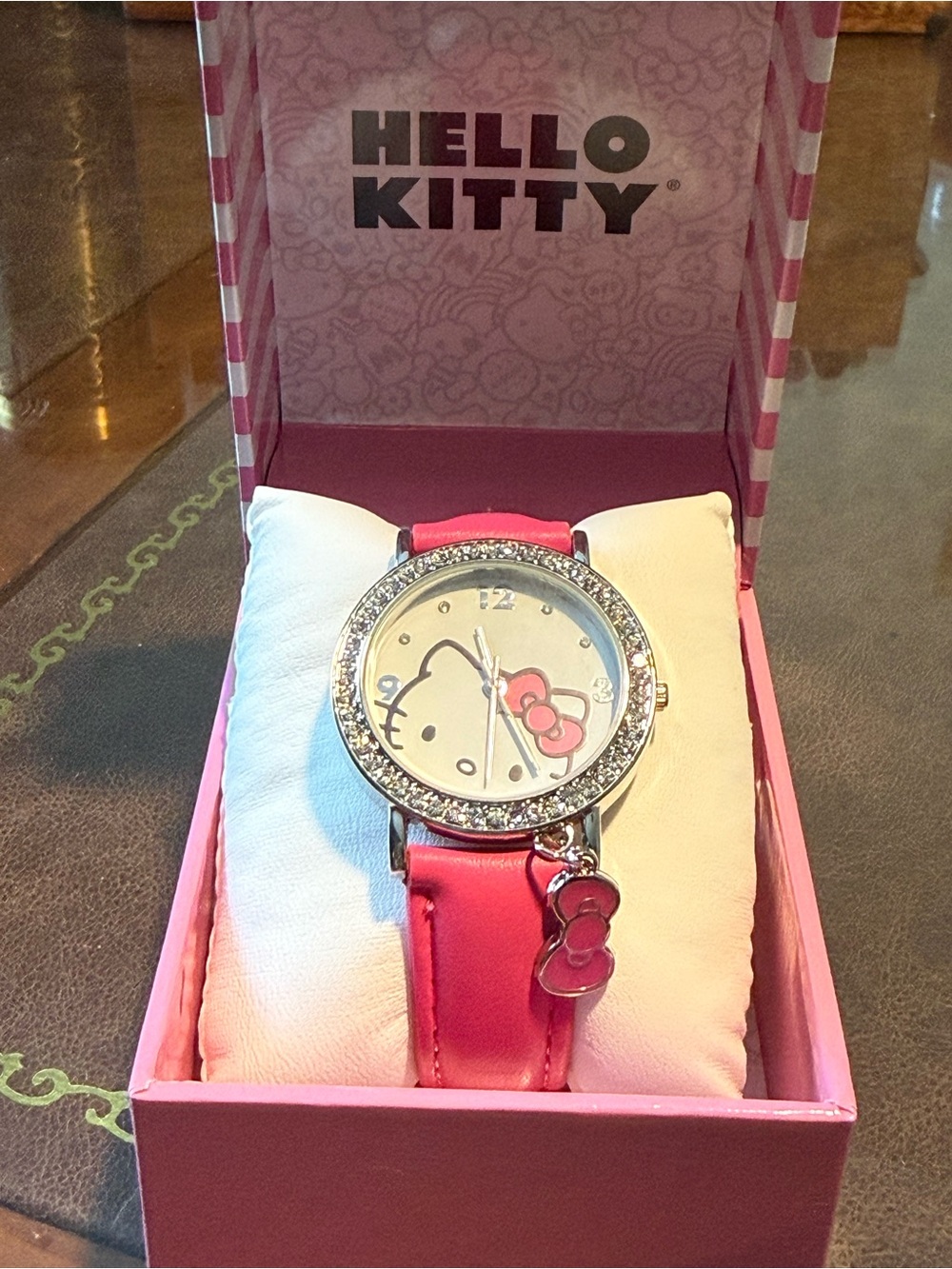 Hello Kitty Hot Pink Crystal Bezel Wristwatch with Charm NWOT